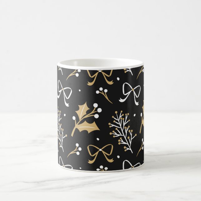 Elegant Black Mistletoe & Ribbon Christmas Pattern Coffee Mug (Center)