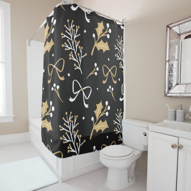 Elegant Black Mistletoe & Ribbon Christmas Pattern Shower Curtain (In Situ)