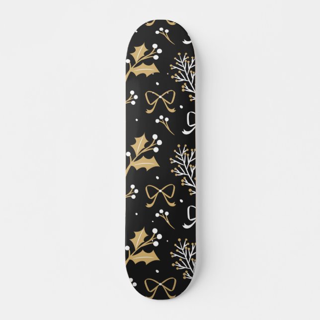 Elegant Black Mistletoe & Ribbon Christmas Pattern Skateboard (Front)