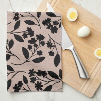 Elegant Black Modern Botanical Pattern Dusty Pink Tea Towel