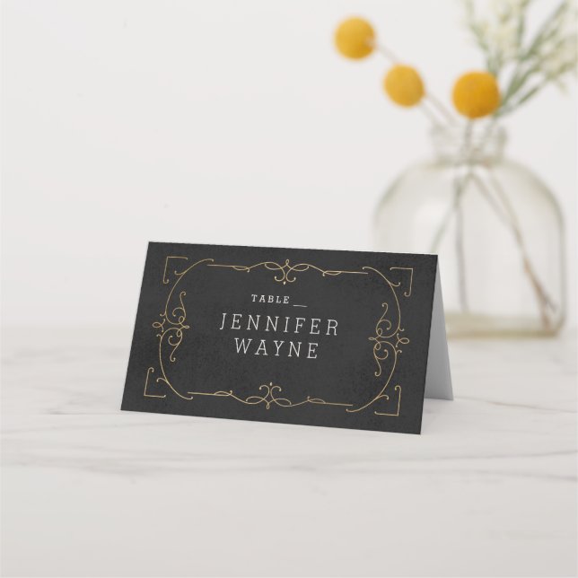 Elegant black modern classic wedding place cards (Front)