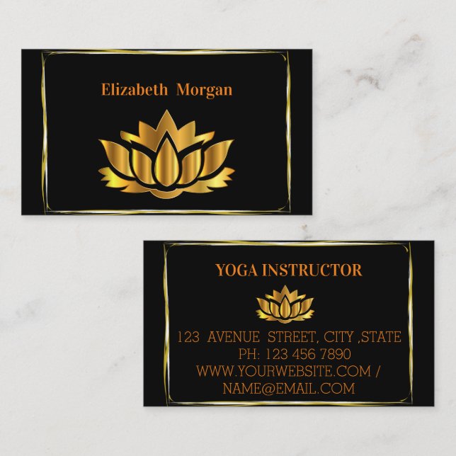 Elegant black modern golden lotus flower business card (Front/Back)