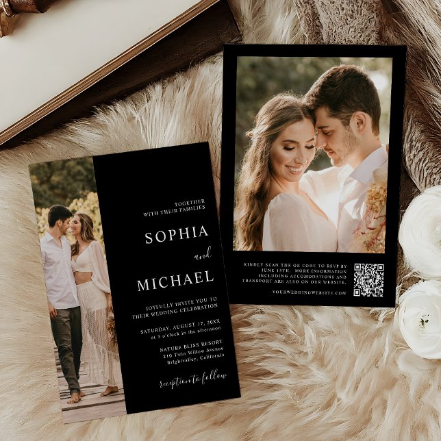 Elegant Black Modern Minimal Photo QR Code Wedding Invitation (Creator Uploaded)