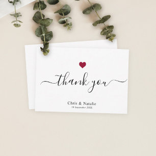 Elegant Black Modern Script Burgundy Red Heart Thank You Card