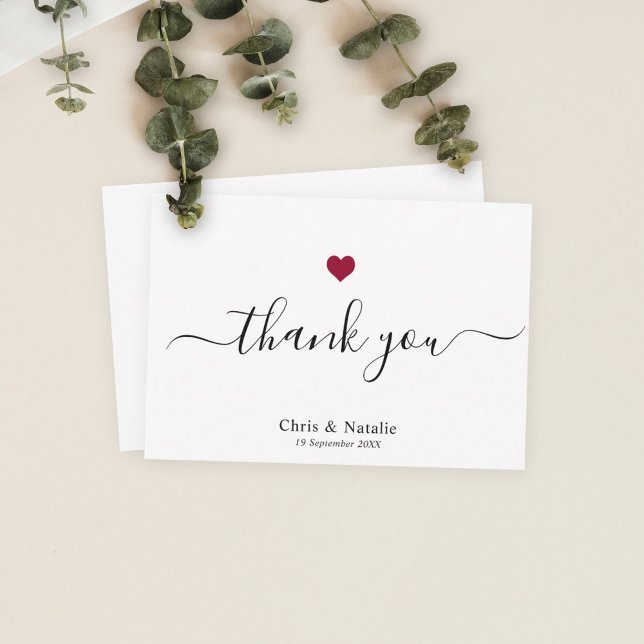 Elegant Black Modern Script Burgundy Red Heart Thank You Card (Creator Uploaded)