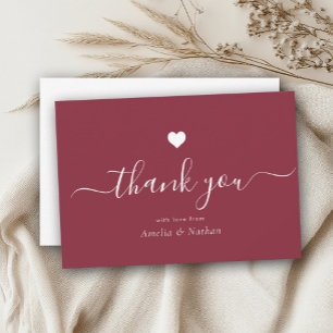 Elegant Black Modern Script Burgundy Red Heart Thank You Card