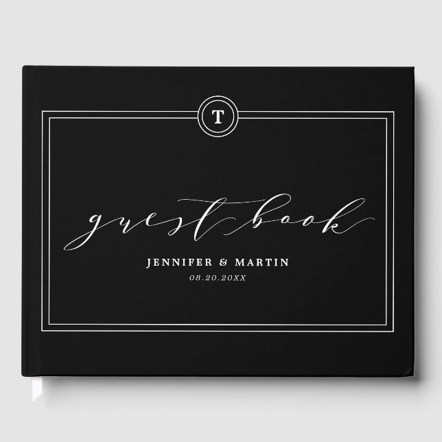 Elegant Black Monogram Calligraphy Wedding Guest Book (Front)