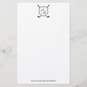 Elegant Black Monogram Crest Golf Stationery