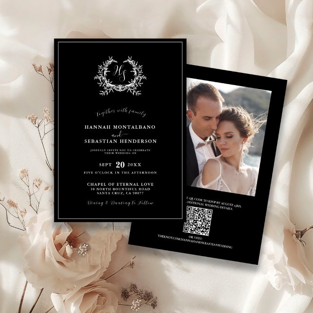 Elegant Black Monogram Crest QR Code Wedding Invitation (Creator Uploaded)