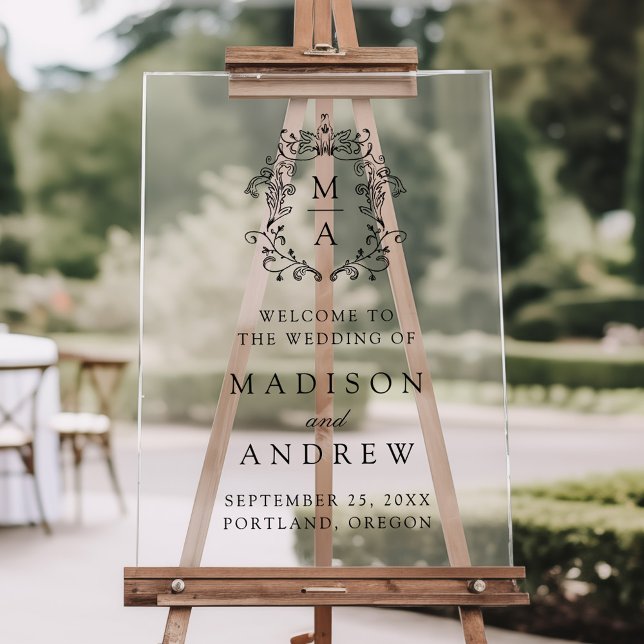 Elegant Black Monogram Crest Wedding Welcome Acrylic Sign (Creator Uploaded)