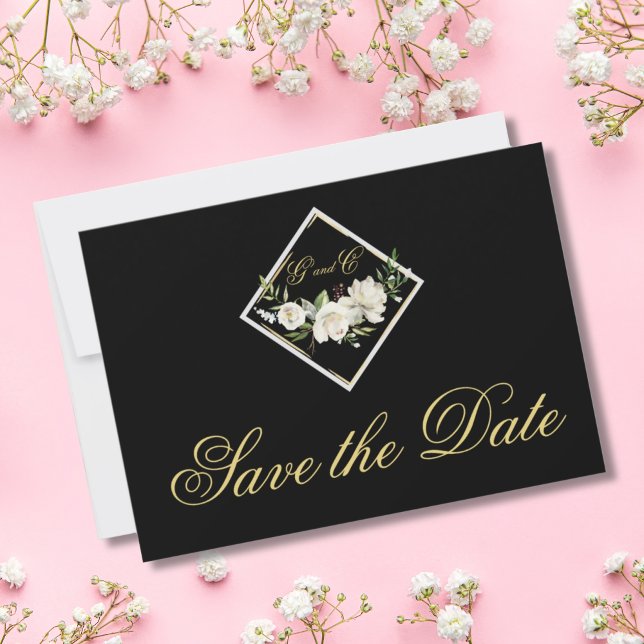 Elegant Black Monogram Gold Save the Date (ELEGANT BLACK MONOGRAM SAVE THE DATE WEDDING ANNOUNCEMENT)