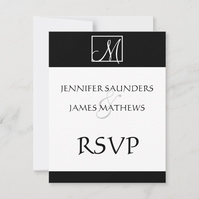 Elegant Black Monogram Initial Wedding RSVP Card (Front)