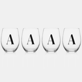 Elegant Black Monogram Initial Wine Glass Set