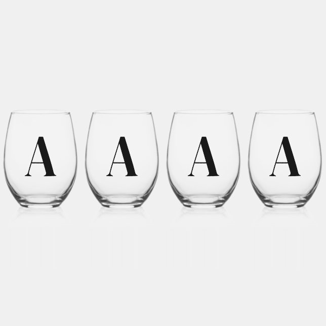 Elegant Black Monogram Initial Wine Glass Set (Front)
