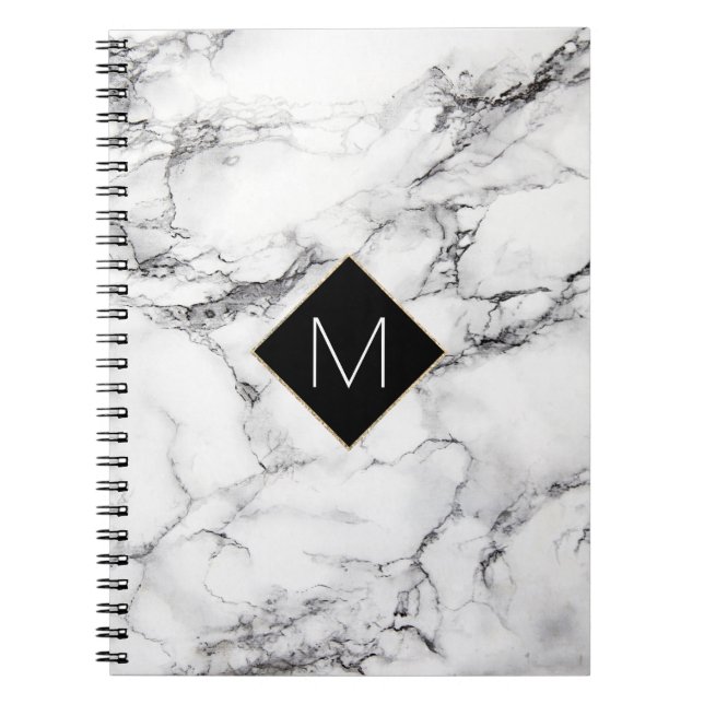 elegant black monogram on white marble texture spiral notebook (Front)