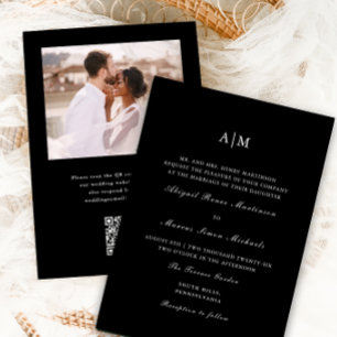 Elegant Black Monogram QR Rsvp Photo Wedding Invitation