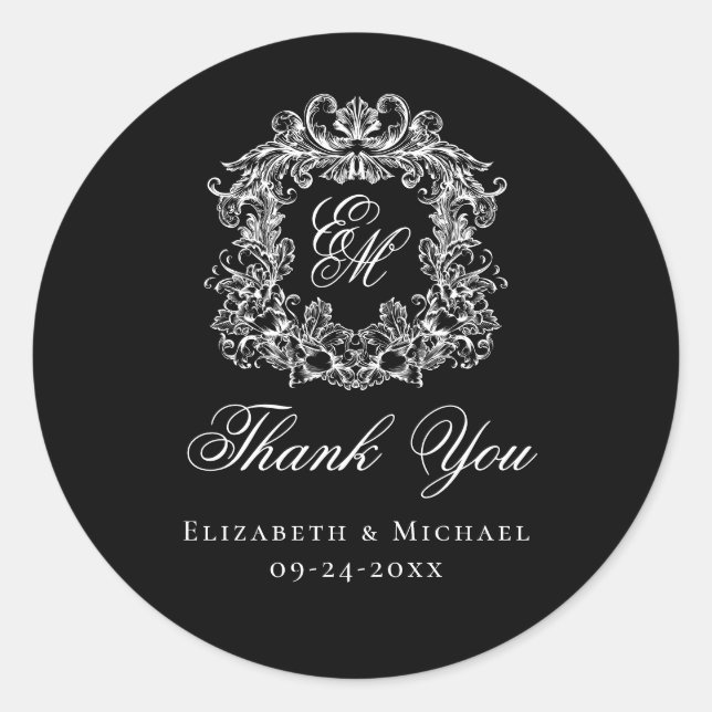 Elegant Black Monogram Wedding Crest Thank You Classic Round Sticker (Front)