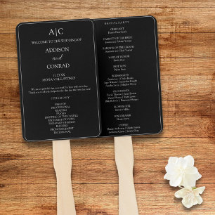 Elegant Black Monogram Wedding Program Hand Fan