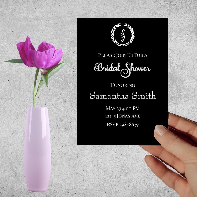 Elegant Black Monogram Wreath Bridal Shower Invitation (Creator Uploaded)