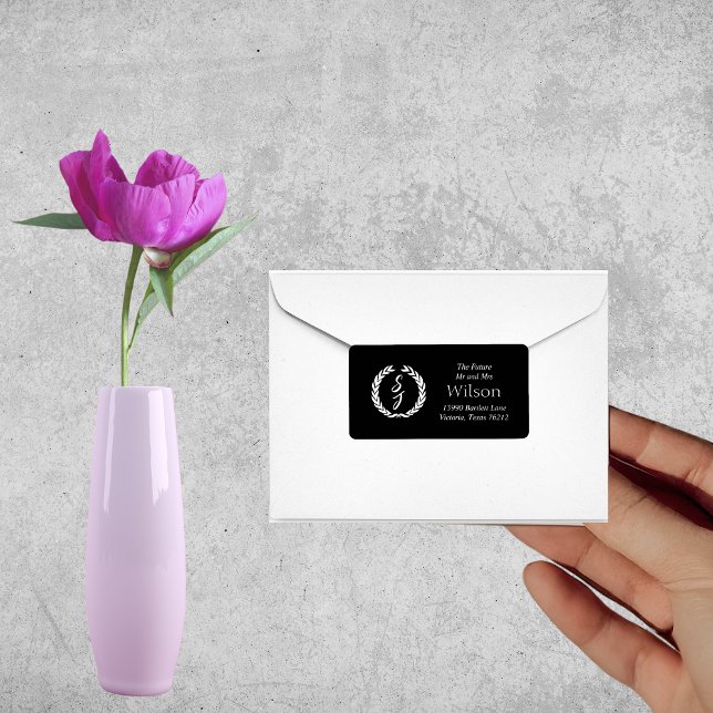 Elegant Black Monogram Wreath Wedding Address Label (Creator Uploaded)