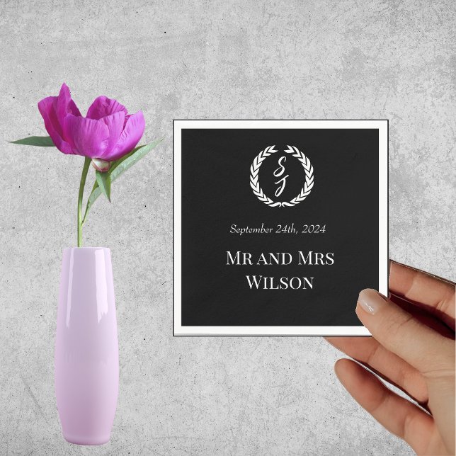 Elegant Black Monogram Wreath Wedding Dinner Napkin (Creator Uploaded)
