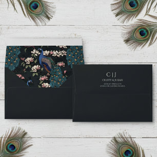 Elegant Black Monogrammed Peacock Return Address Envelope