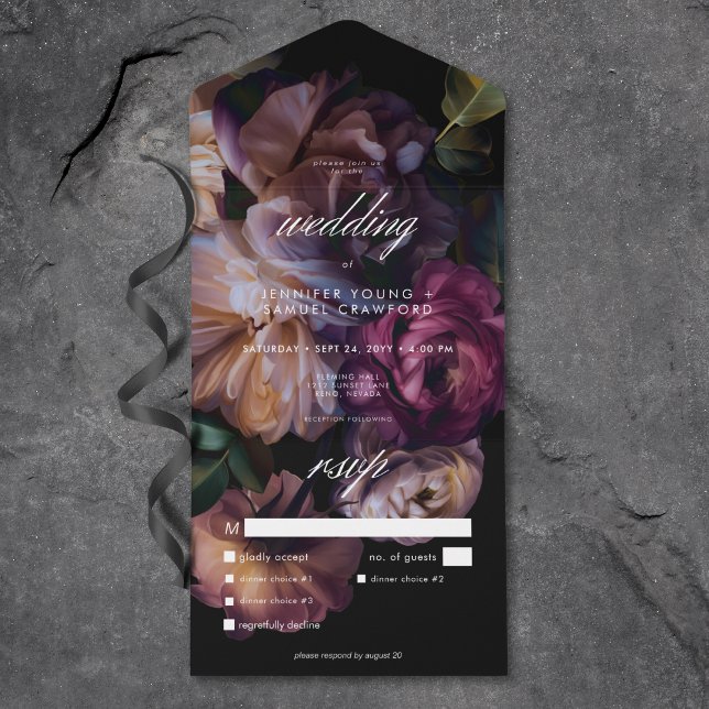 Elegant Black Moody Floral Wedding Dinner All In One Invitation (Elegant Black Moody Floral Wedding Dinner All In One Invitation)