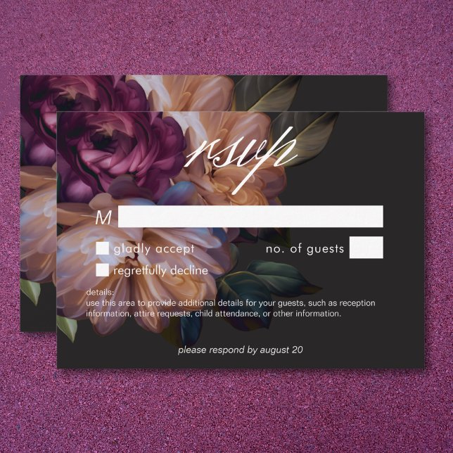 Elegant Black Moody Floral Wedding No Dinner RSVP Card (Elegant Black Moody Floral Wedding No Dinner RSVP Card)