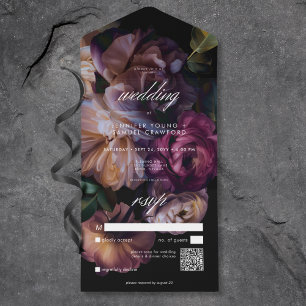 Elegant Black Moody Floral Wedding QR Code All In One Invitation