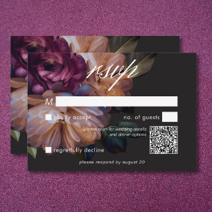 Elegant Black Moody Floral Wedding QR Code RSVP Card