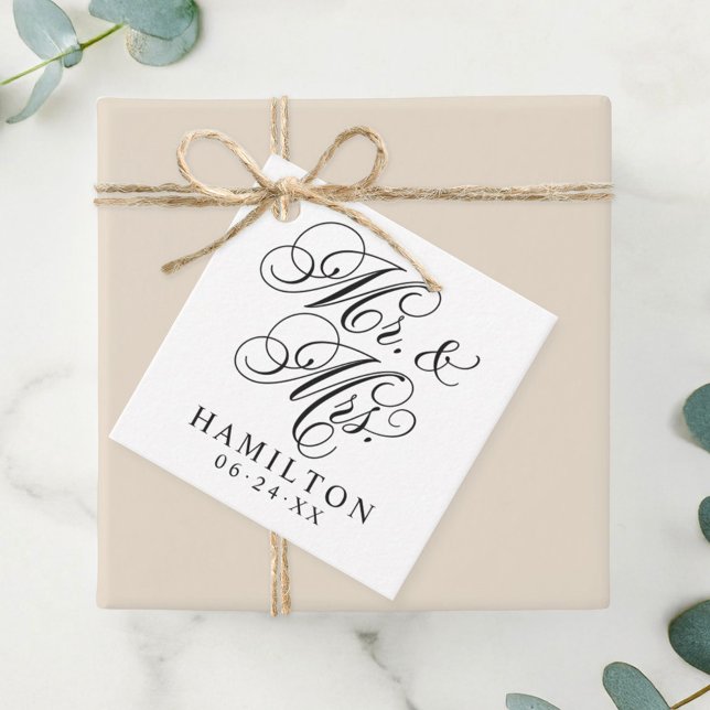 Elegant Black Mr and Mrs Script Custom Monogram Favour Tags (Creator Uploaded)
