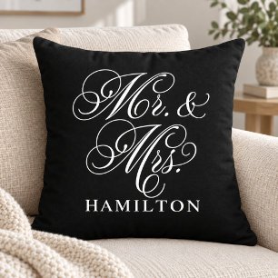 Elegant Black Mr and Mrs Script Wedding Cushion