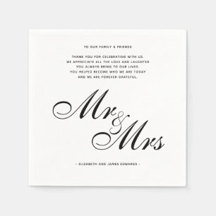 Elegant Black Mr and Mrs Wedding Thank You Message Napkin