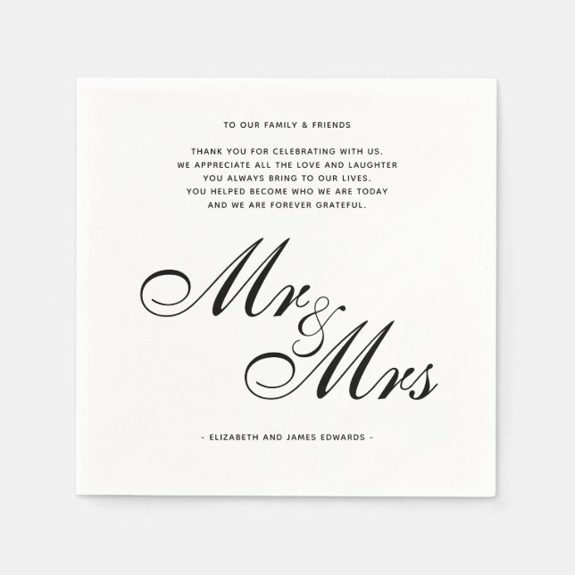 Elegant Black Mr and Mrs Wedding Thank You Message Napkin (Front)