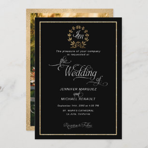 Elegant Black n Gold Wreath Monogram Photo Wedding Invitation