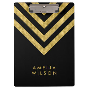 Elegant Black Name Faux Gold Chevron Clipboard