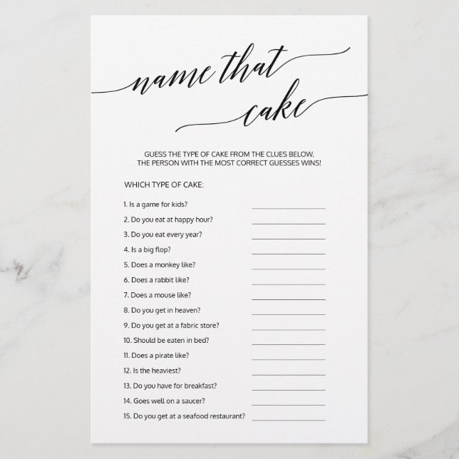 Elegant Black =Name that Cake Fill In Game (Front)