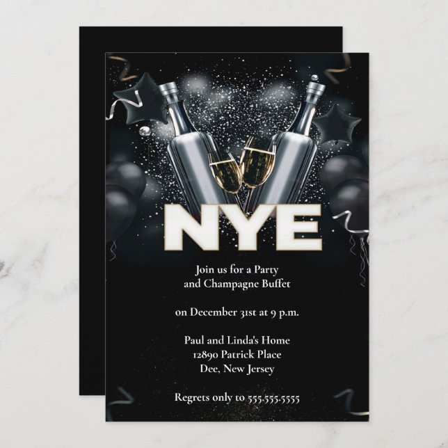 Elegant Black New Years Eve Party Invitation (Front/Back)