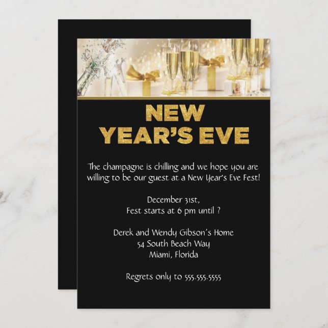 Elegant Black New Years Eve Party Invitation (Front/Back)