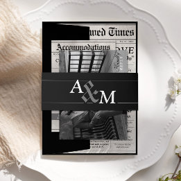 Elegant Black Newspaper Wedding Invitation Suite Belly Band