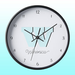 Elegant Black Numbers and Pastel Cyan Monogram Square Wall Clock
