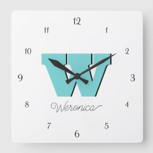 Elegant Black Numbers and Pastel Teal Monogram Square Wall Clock