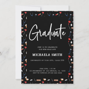 Elegant Black Nurse Medical Graduation Photo Invitation