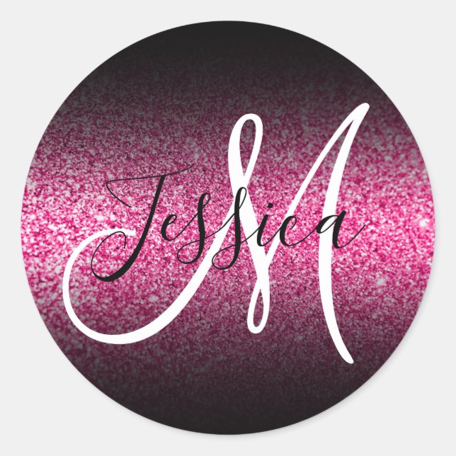Elegant Black Ombre Faux Hot Pink Glitter Monogram Classic Round Sticker (Front)