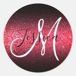 Elegant Black Ombre Faux Red Glitter Monogram Classic Round Sticker
