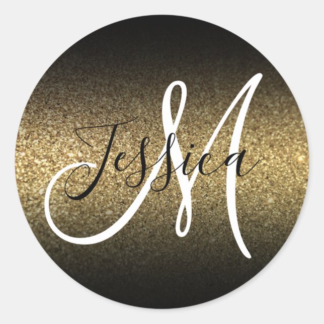 Elegant Black Ombre Gold Faux Glitter Monogram Classic Round Sticker (Front)