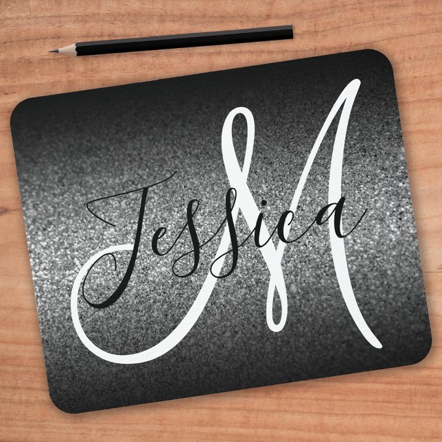 Elegant Black Ombre Silver Faux Glitter Monogram Mouse Pad (Creator Uploaded)