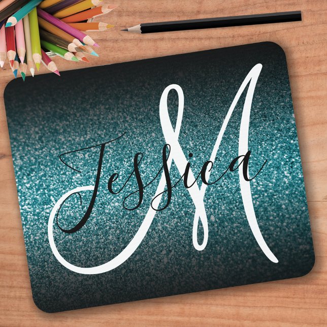 Elegant Black Ombre Teal Glitter Monogram Mouse Pad (Creator Uploaded)