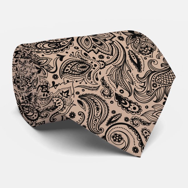 Elegant Black On Tan Floral Paisley Pattern Tie (Rolled)