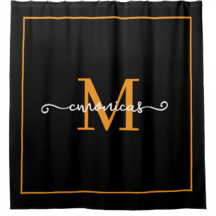 Elegant Black &Orang Bordar Script Monogram Name  Shower Curtain